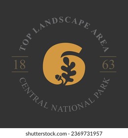 6 logo. Number six with oak leaf and acorn. Negative space style circle emblem. Vector icon for your ecology identity, royal brand, organic nature symbol, university coat of arms, vintage label.