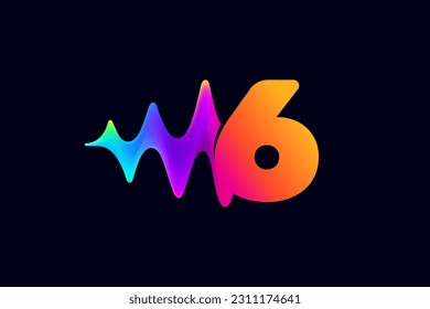 6 logo. Number six logo with pulse music player element. Vibrant sound wave flow line and glitch effect. Neon gradient icon. Vector for techno store, electronic music, audio equalizer, DJ posters.