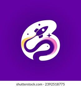 6 logo. Number six with rocket launch trail, planets, and stars. Negative space style icon. Vector typeface for science identity, planet travel app, chemistry posters, jet company, and biology adv.