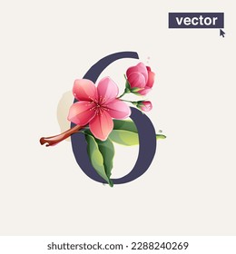 6 logo. Number six with Sakura blooming flowers. Vector realistic watercolor style. Pink cherry petals, bud, branch, and green leaves. Perfect for wedding invitations, Mother's Day greeting cards.