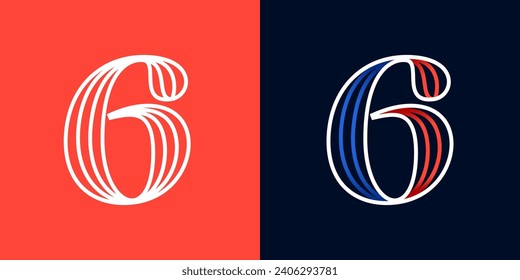 6 logo. Number six sport style icon. Blue and red lines font. Patriotic emblem for Independence Day. Serif type for college baseball team, basketball uniform, vintage style headlines, motor magazine