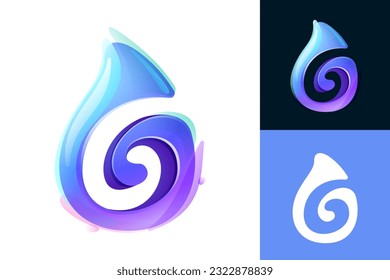 6 logo. Pure water drop number six logo. Eco-friendly 3D realistic icon. Wild wave initial in overlapping watercolor style. Dew droplet for healthy drink bottle emblem. Font for filter, nature art.