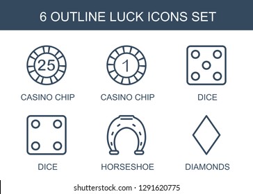 6 luck icons. Trendy luck icons white background. Included outline icons such as casino chip, Dice, horseshoe, Diamonds. luck icon for web and mobile.