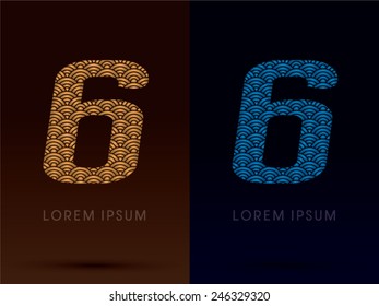 6 ,Luxury font ,designed using gold and blue bold  line, concept shape from water, river, sea, ocean, fish scale, logo, symbol, icon, graphic, vector.