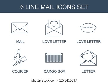 6 mail icons. Trendy mail icons white background. Included line icons such as love letter, courier, cargo box, letter. mail icon for web and mobile.