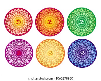 6 mandalas of different colors. Aum (Om) sign in a halo and openwork ornament. Spiritual symbol. Motives of Eastern culture.  Red, yellow, purple, blue, violet, orange, green colors. Vector graphics.