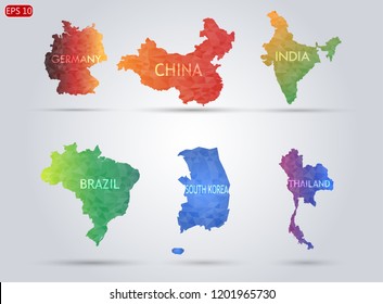 6 Map of Brazil,Germany,Thailand,India,South Korea,ฺBrazil,China background , Triangle flag,on Vector illustration eps 10.