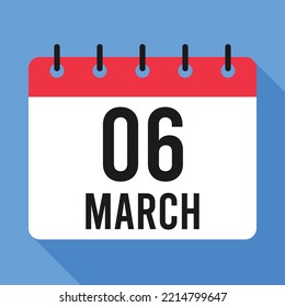 6 March Calendar.  Blue Background. 
Vector Calendar.