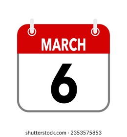 6 March, calendar date icon on white background.