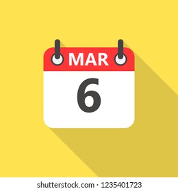 6 march calendar flat style icon with long shadow.