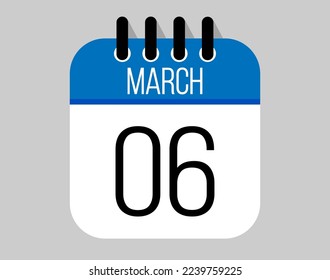 6 March calendar icon. Blue calendar vector for March weekdays. Calendar page design on isolated background