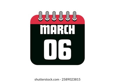 6 March calendar icon text page monthly web design on red, black and white background vector, icon, or illustration with the month of March 6