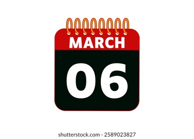 6 March calendar icon text page monthly web design on red, black and white background vector, icon, or illustration with the month of March 6
