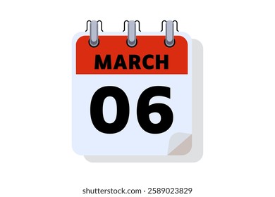 6 March calendar icon text page monthly web design on red, black and white background vector, icon, or illustration with the month of March 6