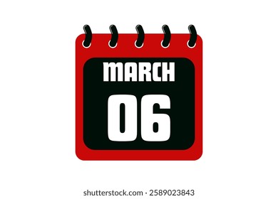 6 March calendar icon text page monthly web design on red, black and white background vector, icon, or illustration with the month of March 6