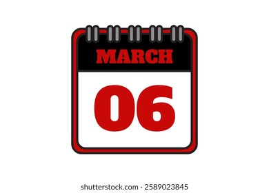 6 March calendar icon text page monthly web design on red, black and white background vector, icon, or illustration with the month of March 6