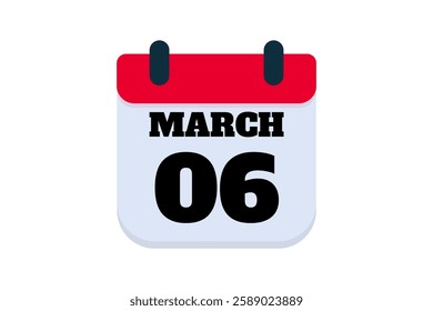 6 March calendar icon text page monthly web design on red, black and white background vector, icon, or illustration with the month of March 6