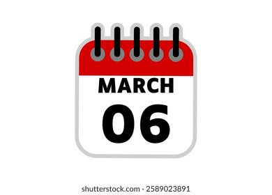 6 March calendar icon text page monthly web design on red, black and white background vector, icon, or illustration with the month of March 6