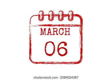6 March calendar icon text page monthly web design on red and white background vector, icon, or illustration with the month of March 6