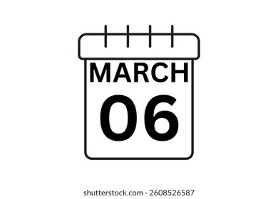 6 March calendar icon text page monthly web design on black and white background vector, icon, or illustration with the month of March 6