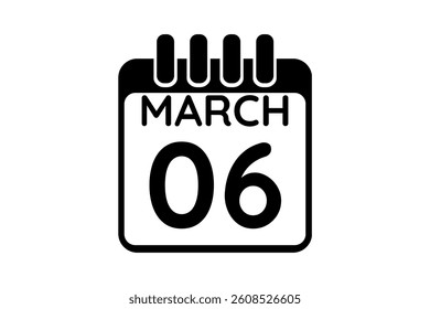 6 March calendar icon text page monthly web design on black and white background vector, icon, or illustration with the month of March 6
