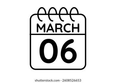 6 March calendar icon text page monthly web design on black and white background vector, icon, or illustration with the month of March 6