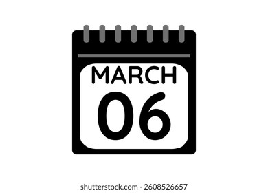 6 March calendar icon text page monthly web design on black and white background vector, icon, or illustration with the month of March 6