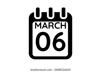 6 March calendar icon text page monthly web design on black and white background vector, icon, or illustration with the month of March 6