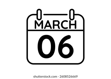 6 March calendar icon text page monthly web design on black and white background vector, icon, or illustration with the month of March 6