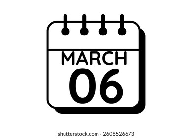 6 March calendar icon text page monthly web design on black and white background vector, icon, or illustration with the month of March 6