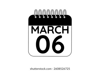 6 March calendar icon text page monthly web design on black and white background vector, icon, or illustration with the month of March 6