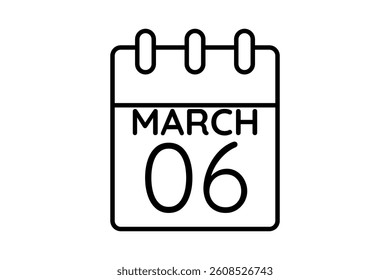 6 March calendar icon text page monthly web design on black and white background vector, icon, or illustration with the month of March 6
