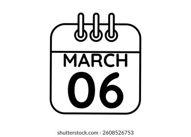 6 March calendar icon text page monthly web design on black and white background vector, icon, or illustration with the month of March 6