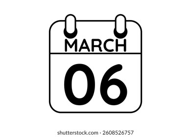 6 March calendar icon text page monthly web design on black and white background vector, icon, or illustration with the month of March 6