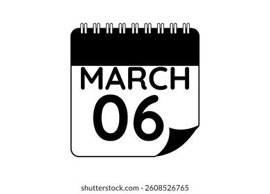 6 March calendar icon text page monthly web design on black and white background vector, icon, or illustration with the month of March 6