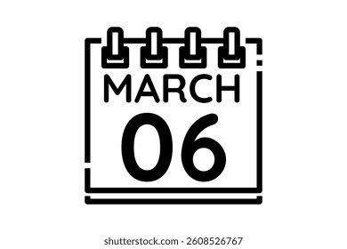 6 March calendar icon text page monthly web design on black and white background vector, icon, or illustration with the month of March 6