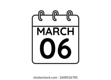6 March calendar icon text page monthly web design on black and white background vector, icon, or illustration with the month of March 6