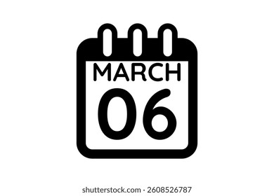 6 March calendar icon text page monthly web design on black and white background vector, icon, or illustration with the month of March 6