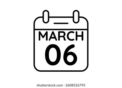 6 March calendar icon text page monthly web design on black and white background vector, icon, or illustration with the month of March 6