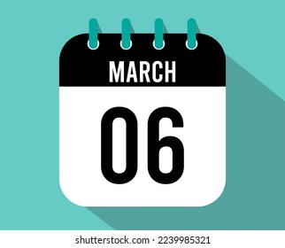 icono del calendario 6 de marzo. Vector negro para el mes de marzo con efecto de sombra