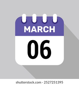 6 march calendar icon vector with date background. Vector schedule symbol.