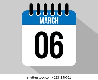 6 March calendar vector icon. Blue March date for the days of the month and the week on a light background