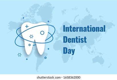 6 march dentist's day. Dentistry background with a white tooth on the background of the world map and the inscription. Vector illustration banner International Dentist Day.