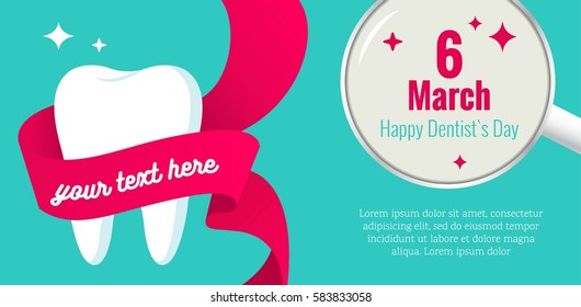 6 march - dentist`s day. Dentistry background with clean white tooth and dentistry instrument. Vector flat illustration