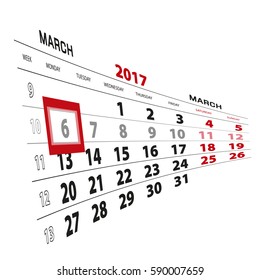 6 March highlighted on calendar 2017. Week starts from Monday. Vector Illustration.