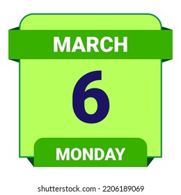 6 de marzo, lunes. Plantilla de fecha. Diseño útil para la promoción de calendarios o eventos. Ilustración vectorial Archivo EPS 10. Aislado sobre fondo blanco.