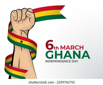 6 de marzo. Imagen vectorial de la tarjeta de felicitación del Día de la Independencia feliz para el país de Ghana con puños apretados y una cinta de la bandera. Usar para banners en fondo blanco.