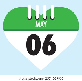 6 May calendar icon green heart shape on light sky blue color background, calendar vector symbol for the month of May.