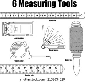 6 Herramientas de medición aislado vector sobre fondo blanco. Consiste en la medida láser, el medidor de alimentación, la medida de cinta, la regla de acero, la línea de cadena y la regla de plegado.
