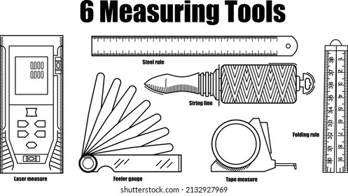 6 Herramientas de medición aislado vector sobre fondo blanco. Consiste en la medida láser, el medidor de alimentación, la medida de cinta, la regla de acero, la línea de cadena y la regla de plegado.